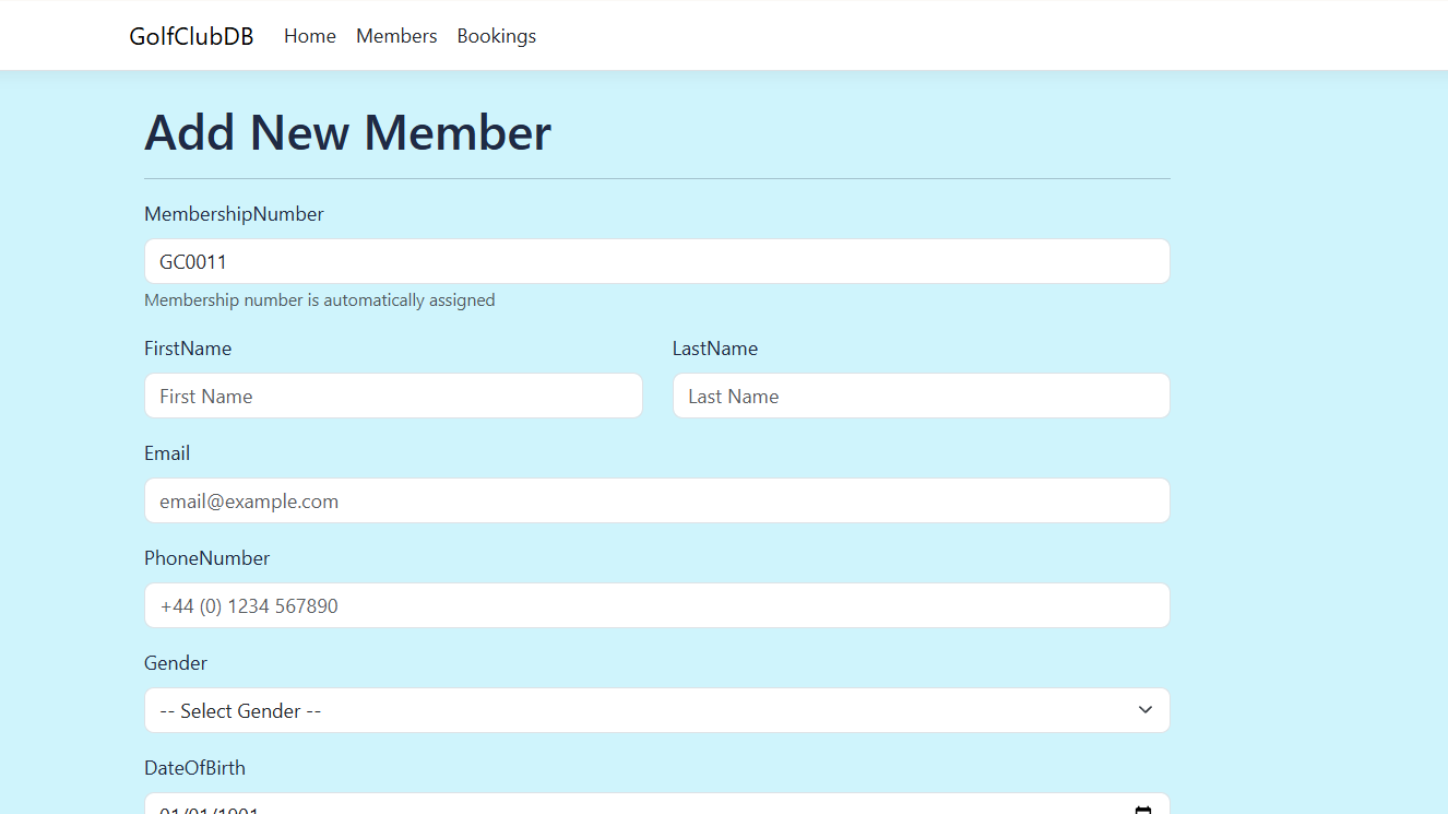Golf Club Database add member form screenshot