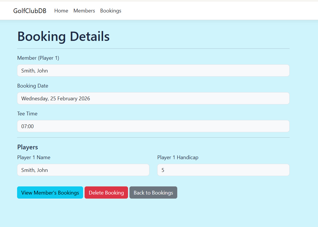 Golf Club Database booking details screenshot