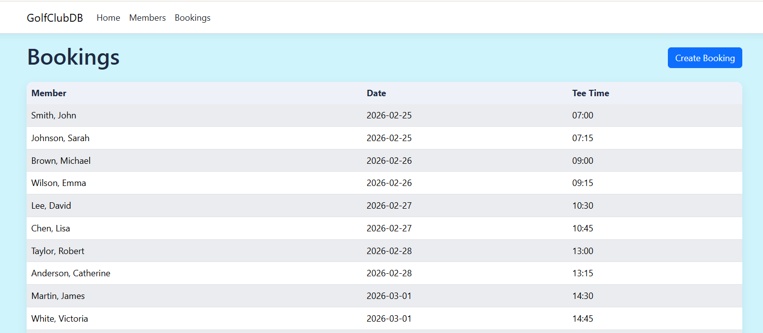 Golf Club Database bookings page screenshot