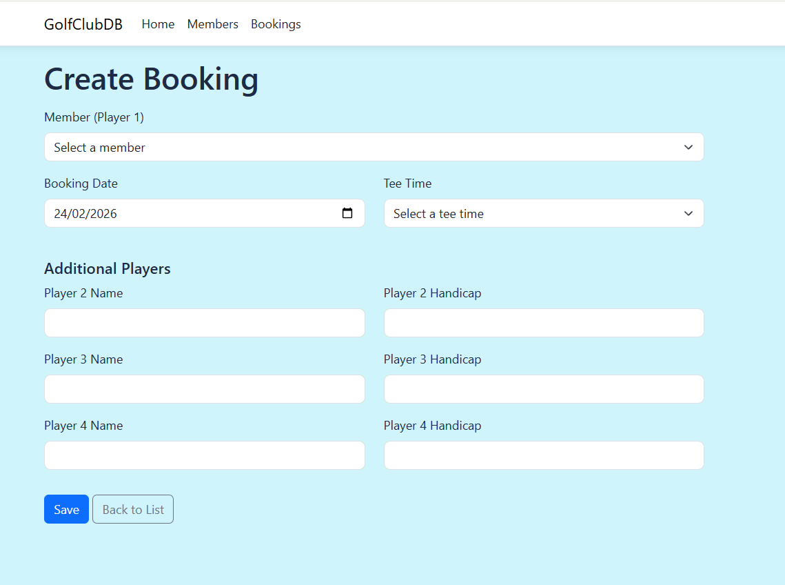 Golf Club Database create booking form screenshot