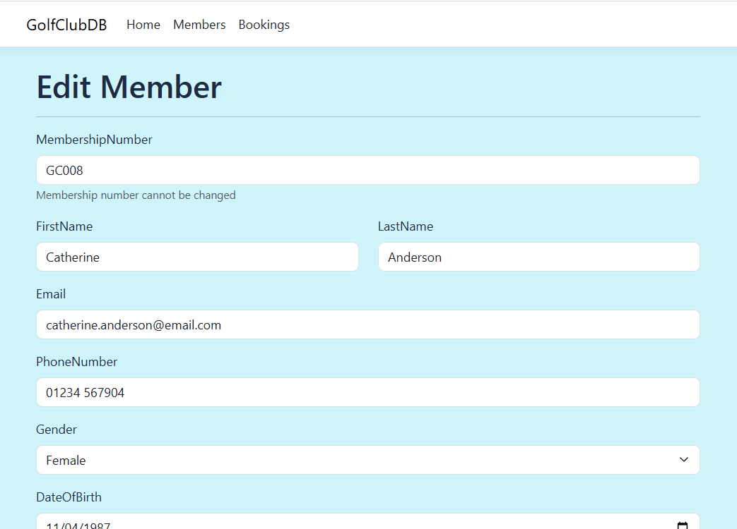 Golf Club Database edit member form screenshot